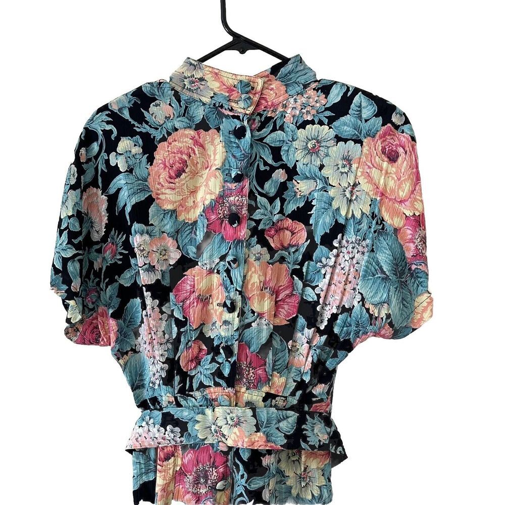 Vintage Karen Alexander Pintuck Ruffle Peplum Floral Viscose BeltedSlit Dress 10 - Picture 12 of 16